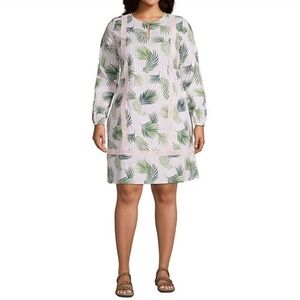 Lands End Women's Cotton Poplin Split Neck Dress, White Pink Striped Palm, XL